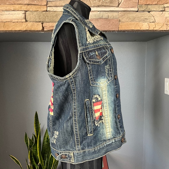 Smoke Rise Americana Denim 3D Flag Vest Cool Distressed Patriotic Blue Red Men S - Picture 4 of 8